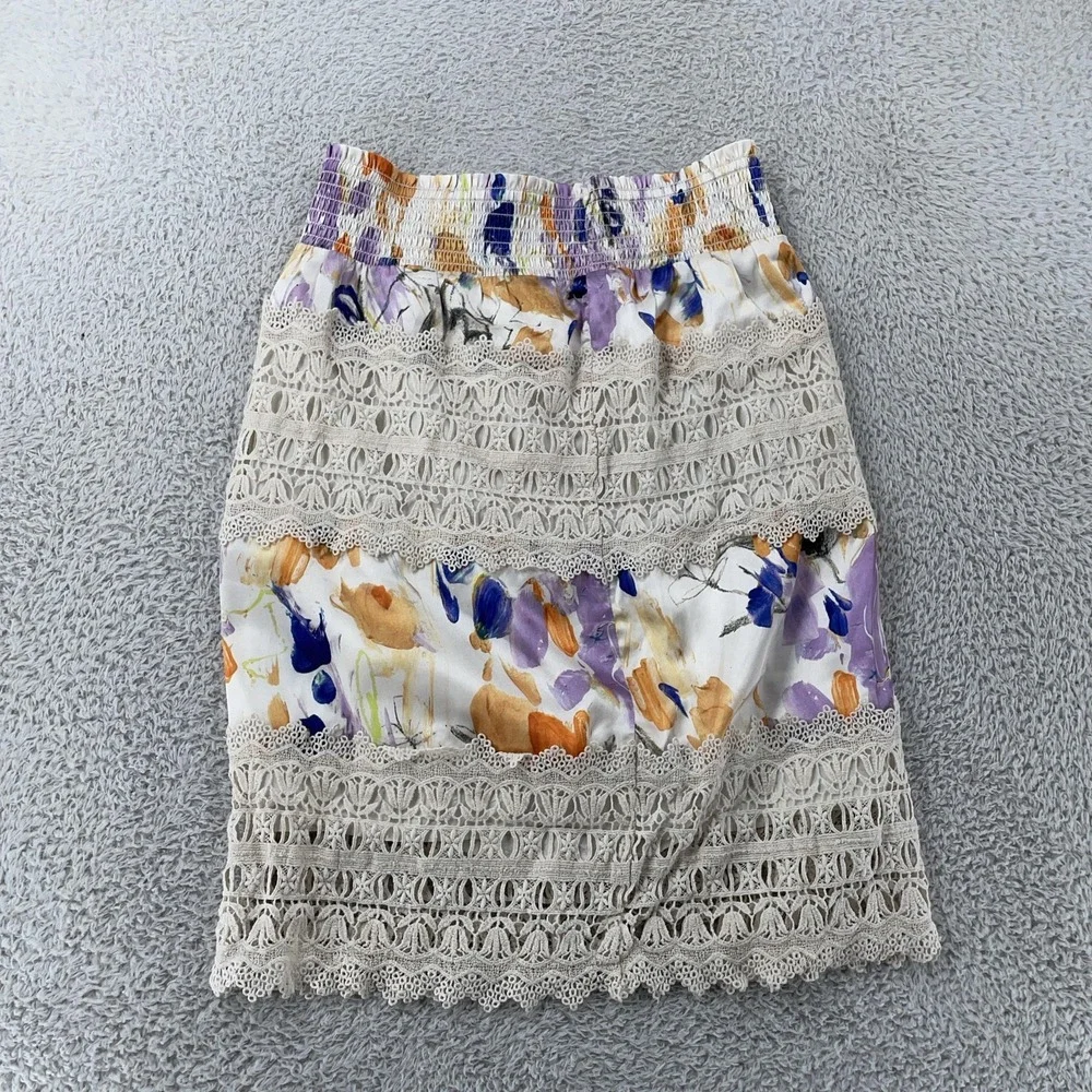 Anthropologie SAMPLE Boho Lace Crochet Floral Skirt Womens S Smocked Waist Lined